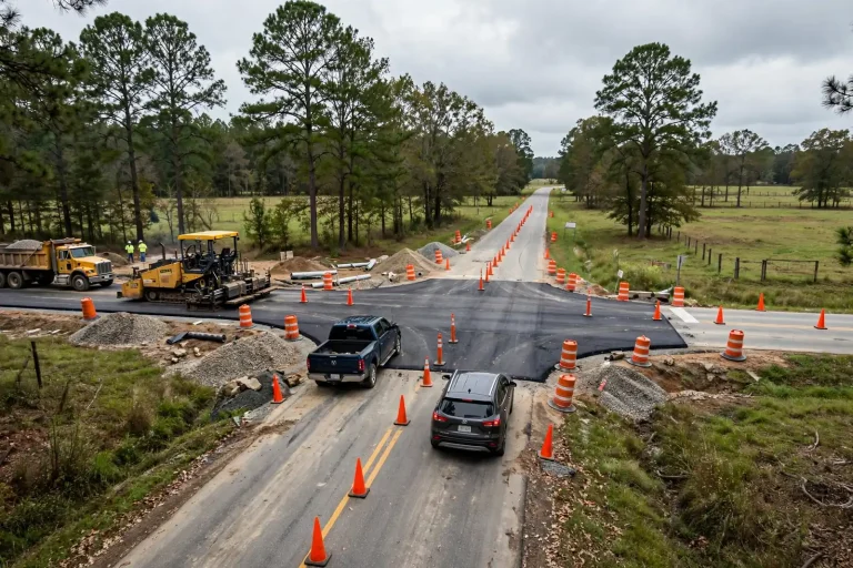 Roadwork at an intersection with cones, construction signs and workers directing traffic near a temporary stop.