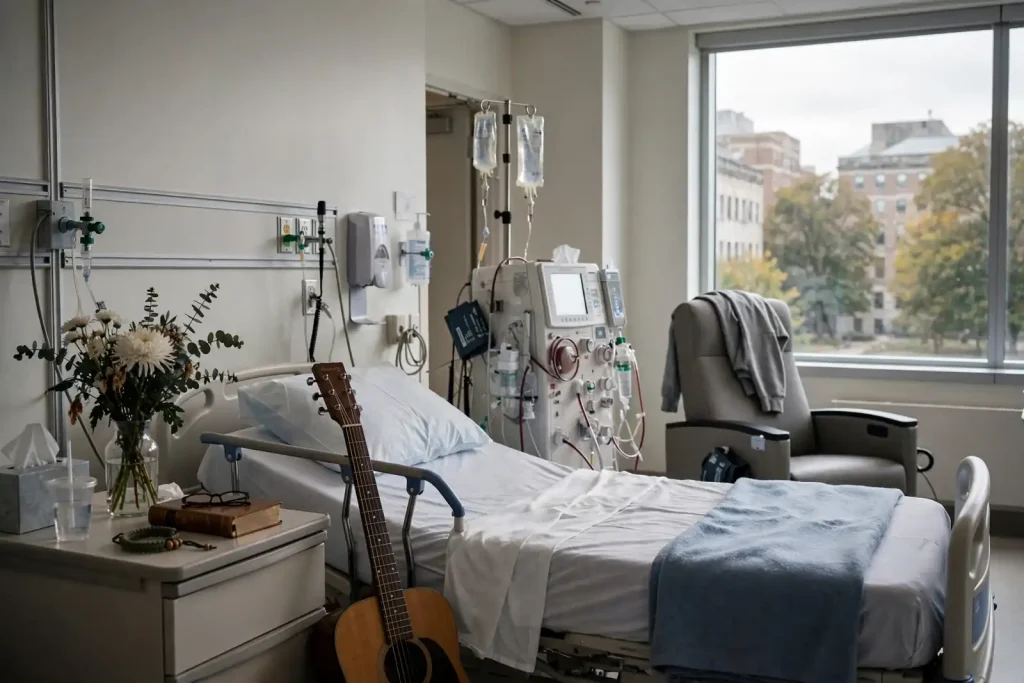 Young man in hospital gown seated at bedside with a woman holding his hand in a hospital room