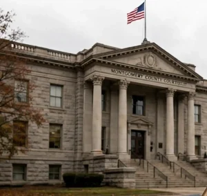 A stone neoclassical county courthouse with columns and an American flag on an overcast autumn day