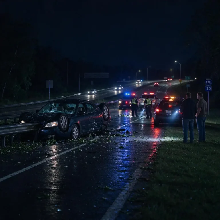 Police emergency lights glowing at night near a highway exit ramp, with a stretch of guardrail beside the road