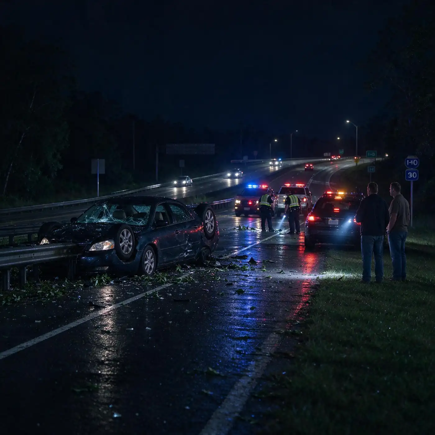 Police emergency lights glowing at night near a highway exit ramp, with a stretch of guardrail beside the road