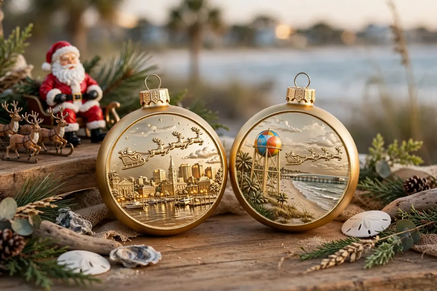 Gold-plated Christmas ornament showing Santa and reindeer flying over a city skyline, hanging on a decorated tree