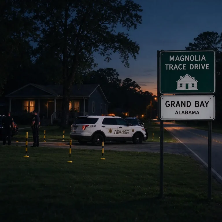 Sheriff's patrol vehicle with emergency lights on parked on a residential street at night
