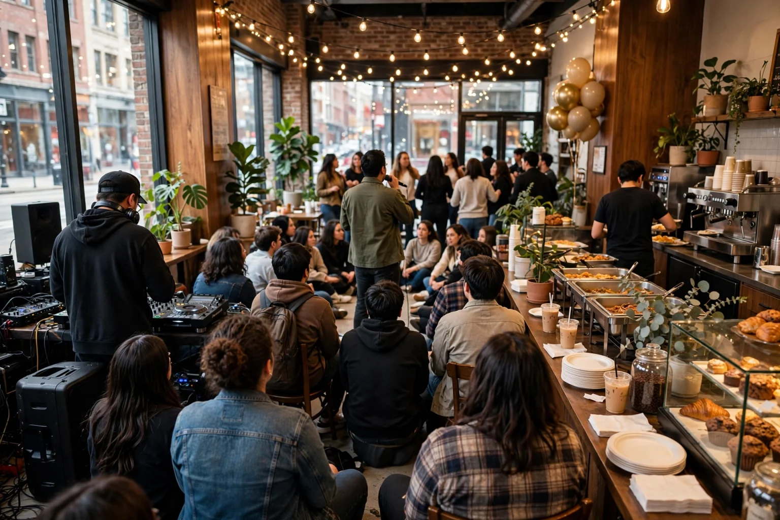 Crowd of people dancing and celebrating inside a lively coffee shop with a DJ table set up near the counter
