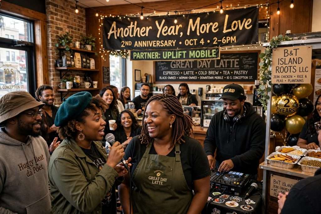 Illustration for the news story: Great Day Latte Celebrates Two Years in Downtown Mobile With ‘Another Year, More Love’ Party
