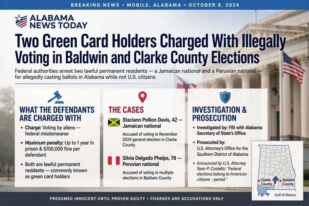 Illustration for the news story: Two Green Card Holders Charged With Illegally Voting in Baldwin and Clarke County Elections