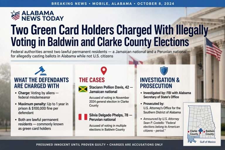 Illustration for the news story: Two Green Card Holders Charged With Illegally Voting in Baldwin and Clarke County Elections