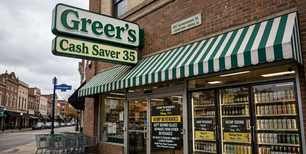 Exterior of a downtown grocery store with a striped awning and a cooler of canned beverages behind glass