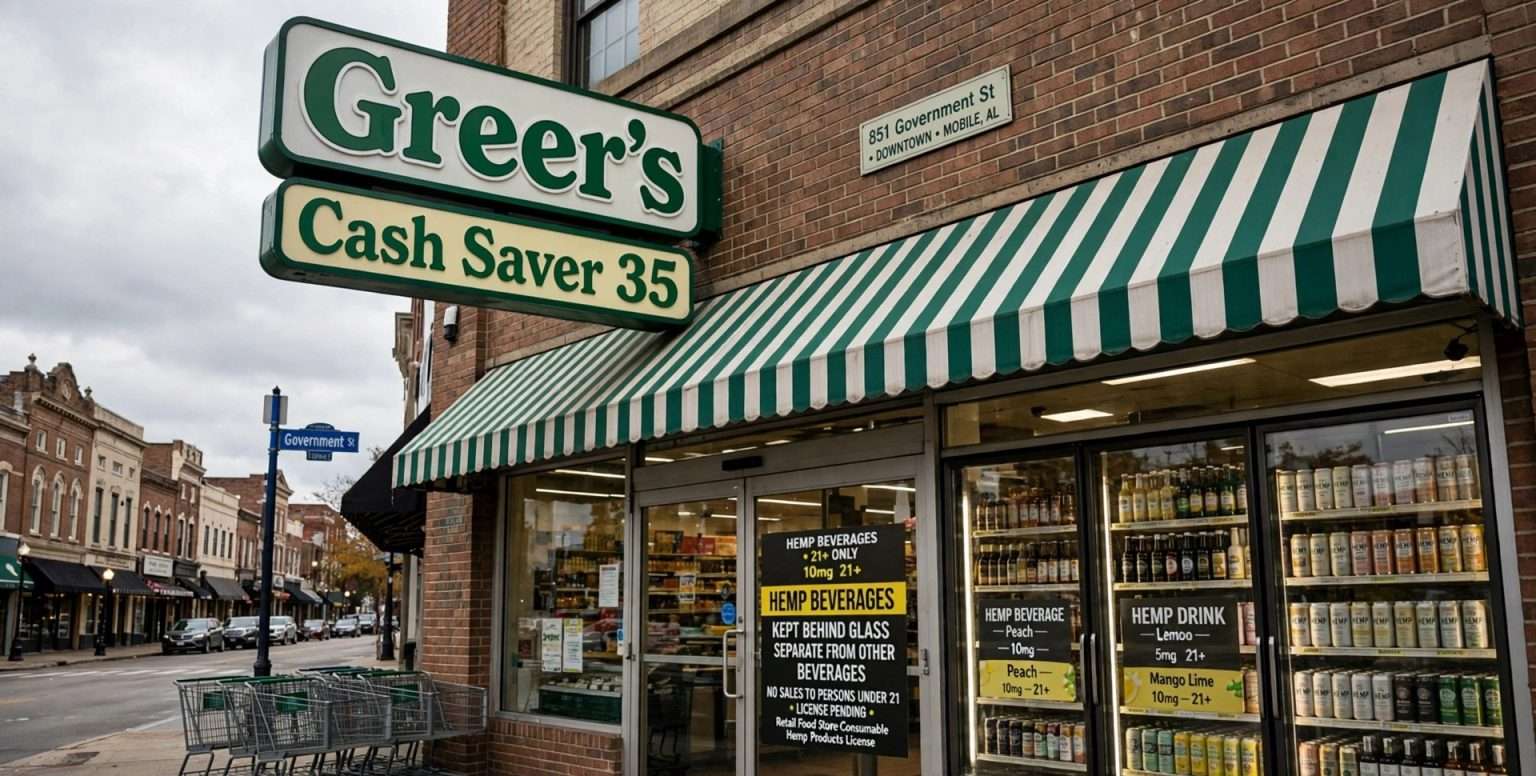 Exterior of a downtown grocery store with a striped awning and a cooler of canned beverages behind glass