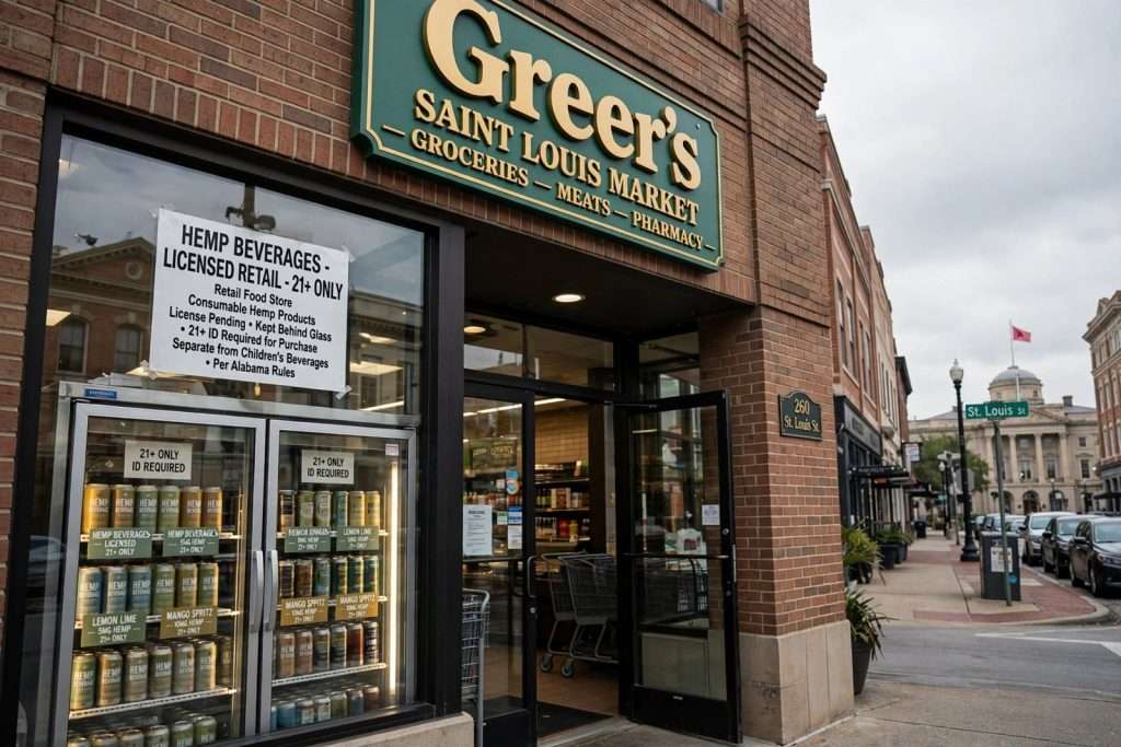 Illustration for the news story: Three Greer’s Grocery Stores, Including Two Downtown, Seek Mobile City Council Approval to Sell Hemp Beverages