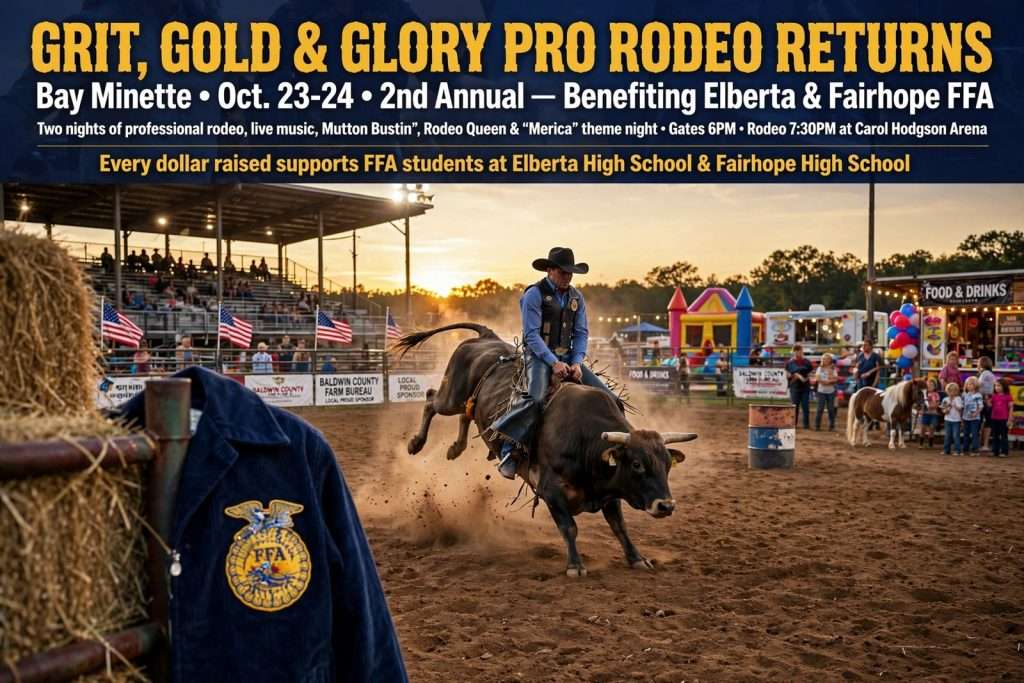 Illustration for the news story: Grit, Gold & Glory Pro Rodeo Returns to Bay Minette Oct. 23-24 to Benefit Elberta, Fairhope FFA