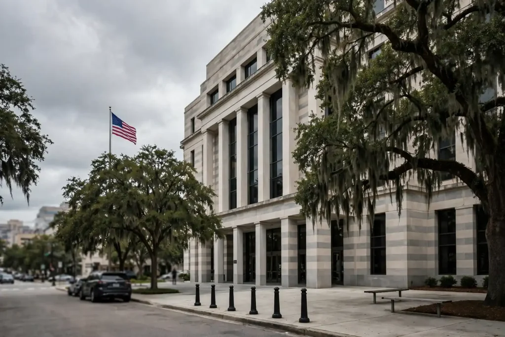 Exterior of a federal courthouse with columns and steps on an overcast day