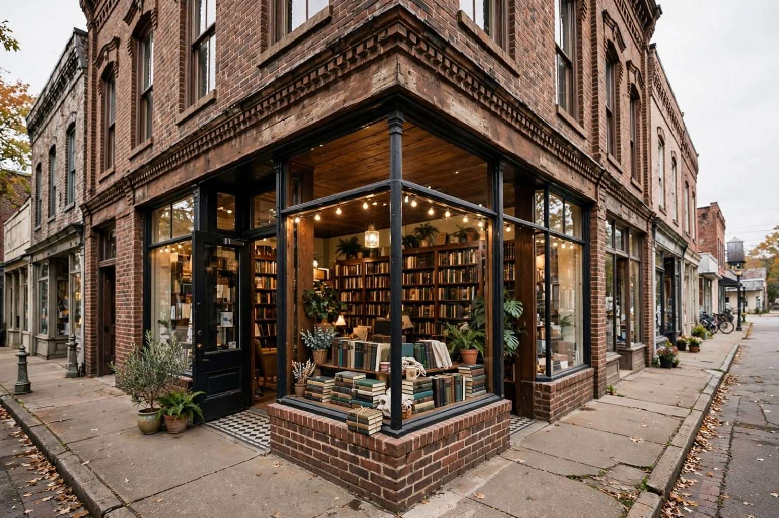 Wooden bookshelves filled with books inside a historic storefront with original tile floors and a wood-plank ceiling
