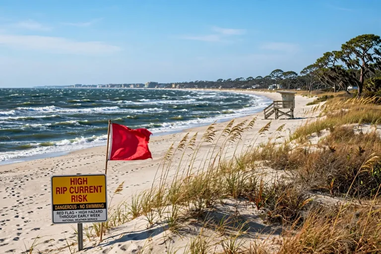 Bright blue sky over a white-sand Gulf beach with choppy waves and a red warning flag on a pole
