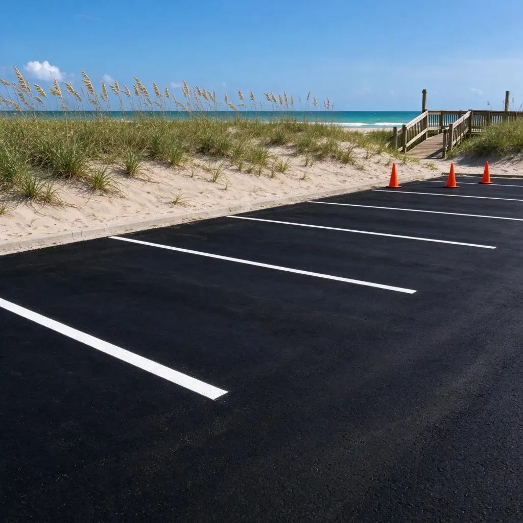 Freshly sealcoated black asphalt parking lot with bright white parking stripes near a sandy beach under a blue sky