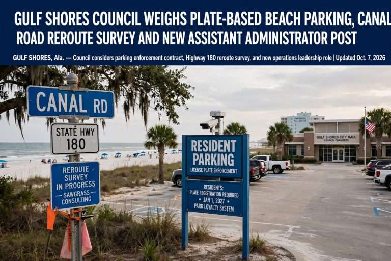 Illustration for the news story: Gulf Shores Council Weighs Plate-Based Beach Parking, Canal Road Reroute Survey and New Assistant Administrator Post