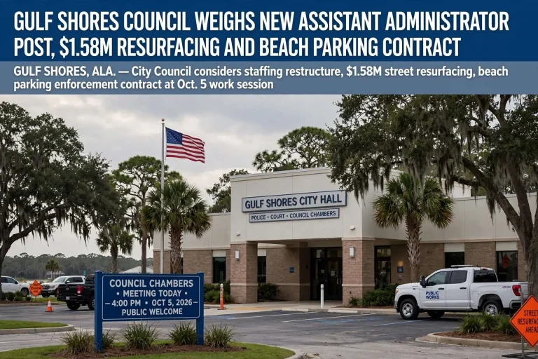 Gulf Shores City Hall with a council meeting sign, a public works truck and a street resurfacing sign