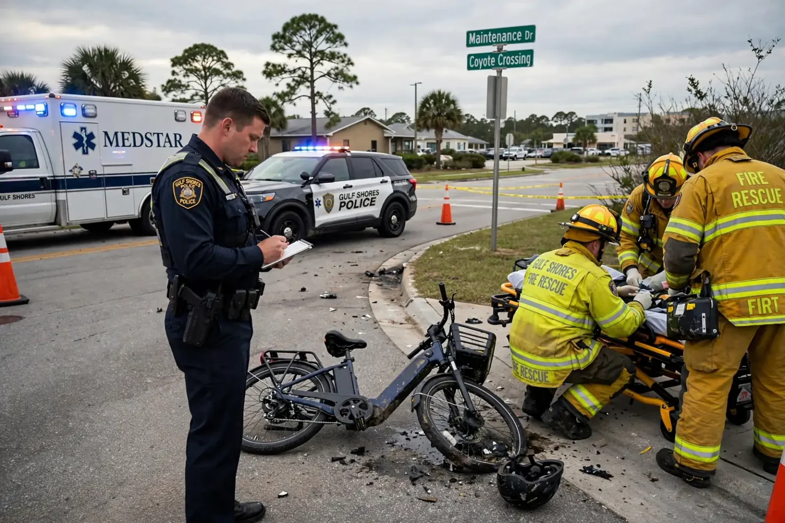 Police officer and firefighters tending to an injured e-bike rider beside a damaged e-bike