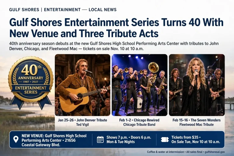 Gulf Shores 40th anniversary entertainment series graphic featuring three tribute acts on stage