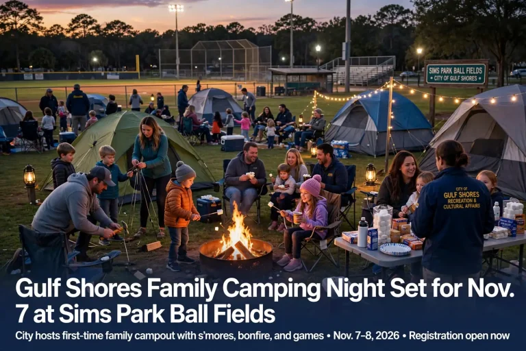 Families camping around a campfire with tents on a ball field at dusk