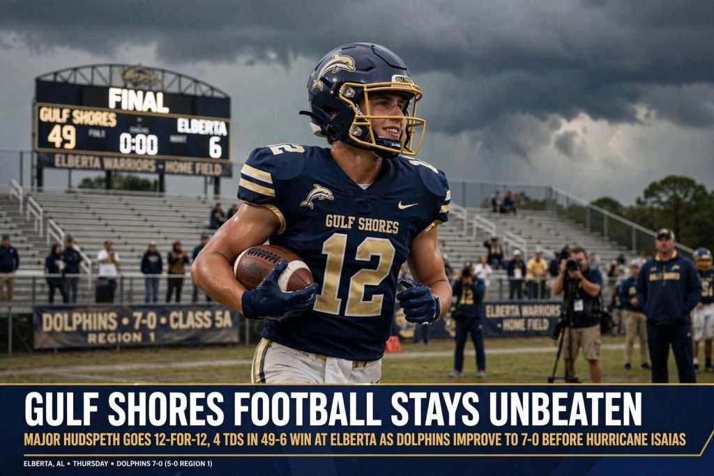 Illustration for the news story: Gulf Shores Football Stays Unbeaten as Major Hudspeth Goes 12-for-12 in 49-6 Win at Elberta