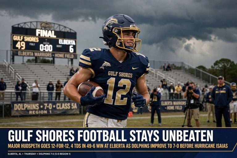 Illustration for the news story: Gulf Shores Football Stays Unbeaten as Major Hudspeth Goes 12-for-12 in 49-6 Win at Elberta