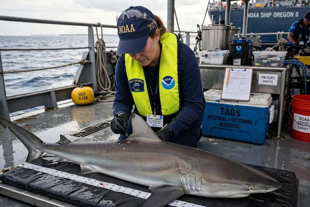 Illustration for the news story: Gulf Shores High Teacher Tags Sharks During 16 Days on NOAA Shark Survey