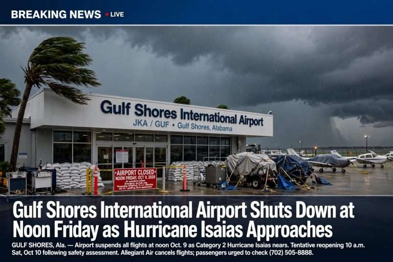 Illustration for the news story: Gulf Shores International Airport Shuts Down at Noon Friday as Hurricane Isaias Approaches