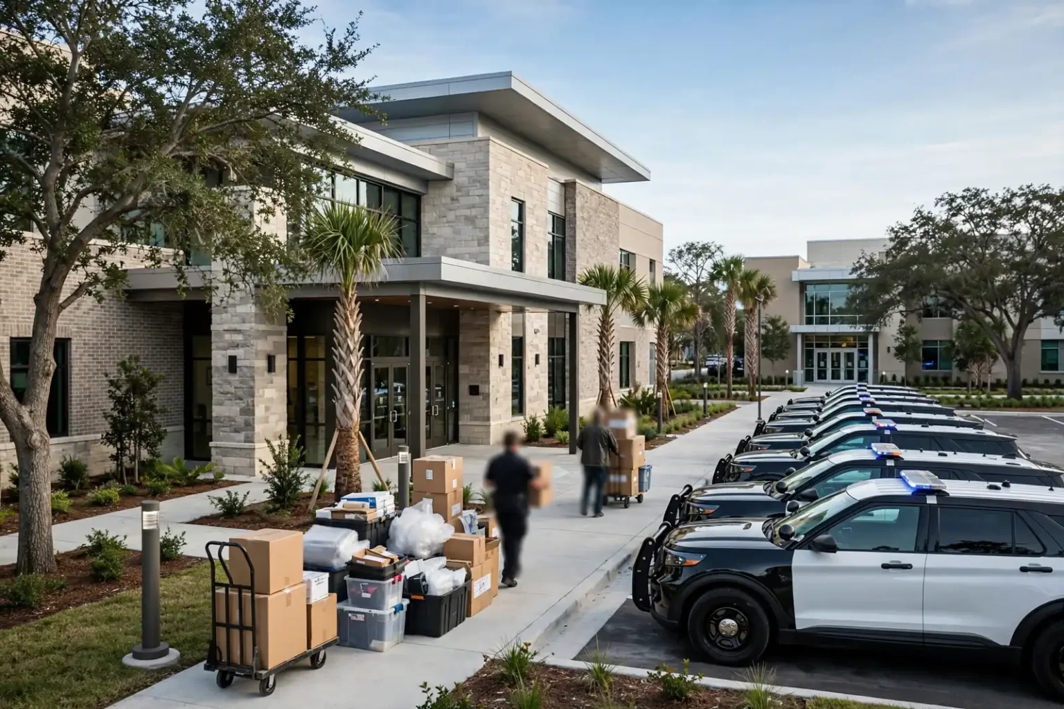 Exterior of a modern municipal justice center building with landscaping and parking