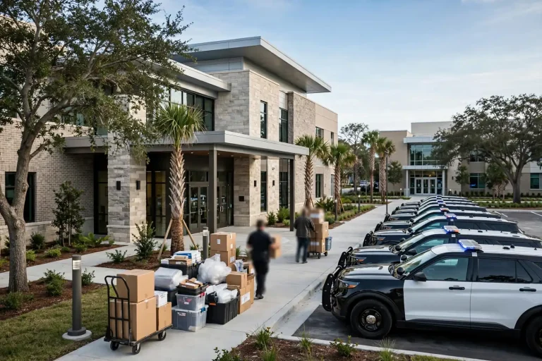 Exterior of a modern municipal justice center building with landscaping and parking