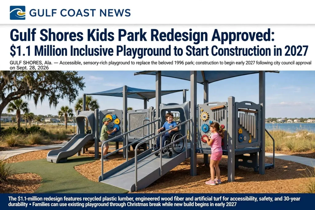 Children play on an accessible playground with a wheelchair ramp, sensory panels and shade sails, for the Gulf Shores Kids Park redesign