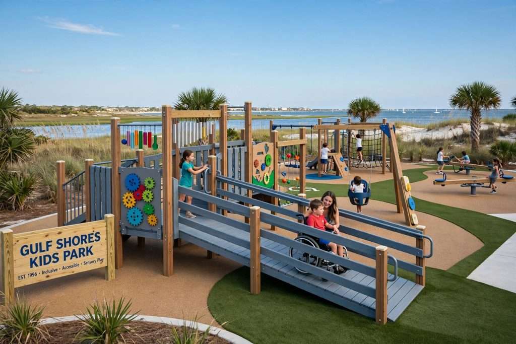 Illustration for the news story: Gulf Shores Kids Park Redesign Approved: $1.1 Million Inclusive Playground to Start Construction in 2027
