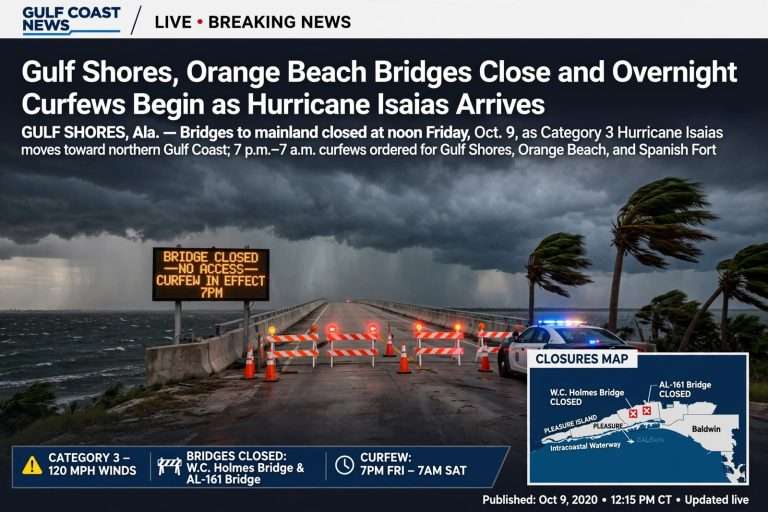 Illustration for the news story: Gulf Shores, Orange Beach Bridges Close and Overnight Curfews Begin as Hurricane Isaias Arrives