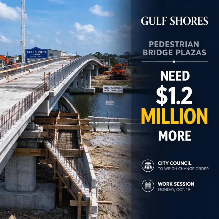 Illustration of a pedestrian bridge under construction over the Intracoastal Waterway with plaza site work, retaining walls and concrete paving in Gulf Shores, Alabama
