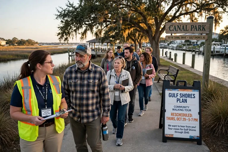 Residents on a guided walking tour at Canal Park in Gulf Shores beside a Gulf Shores Plan sign