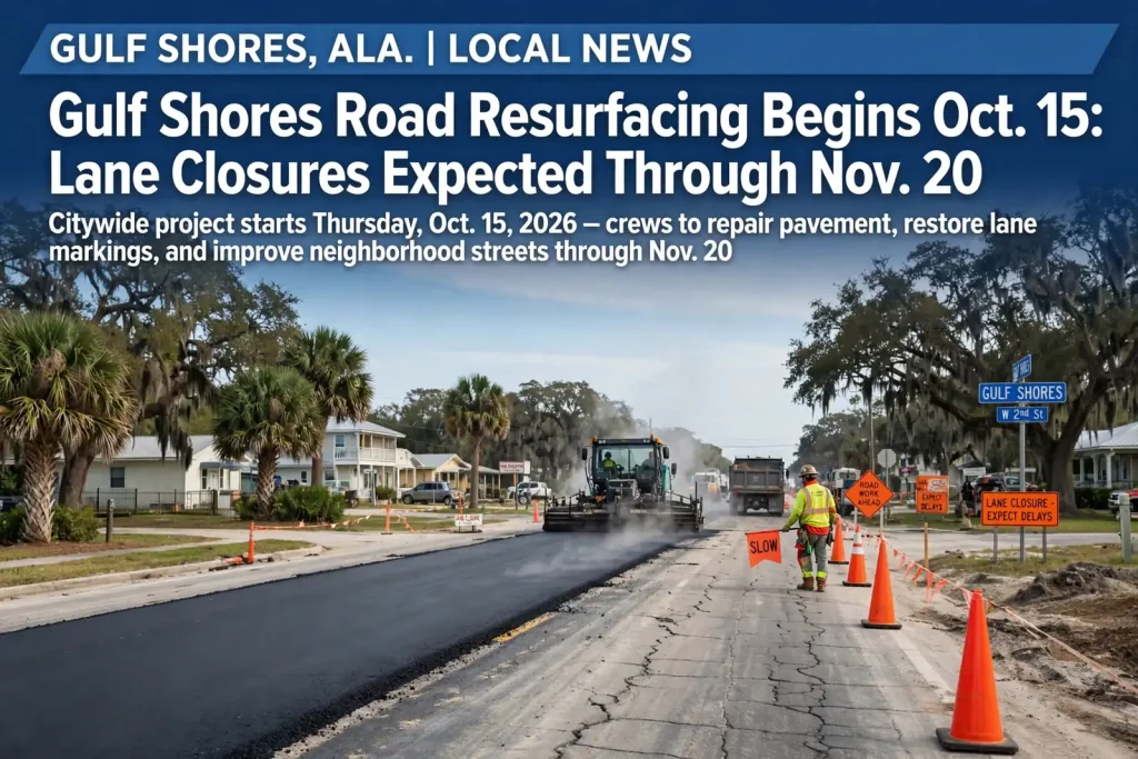 Asphalt paving machine and roller resurfacing a city street with a flagger directing traffic