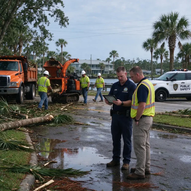 City public works crew clearing storm debris from a street in Gulf Shores, Alabama, after Hurricane Isaias