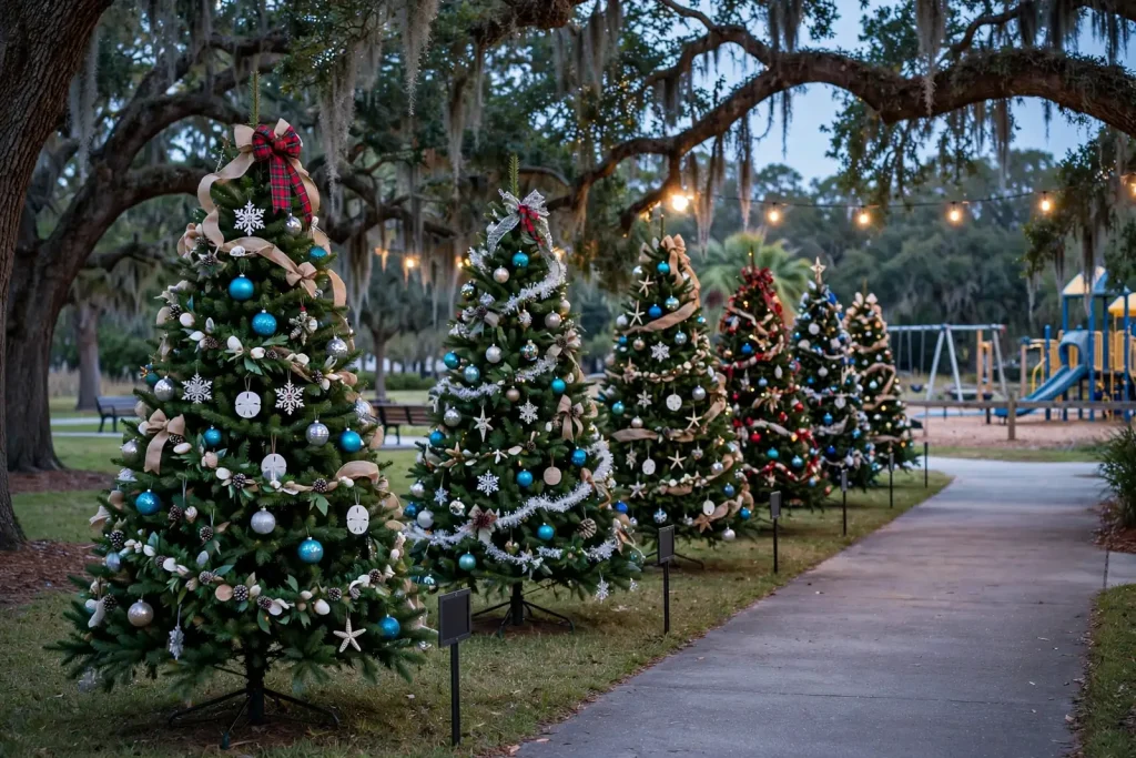 Row of decorated 8-foot Christmas trees with sponsor signs lining a walking path in a city park