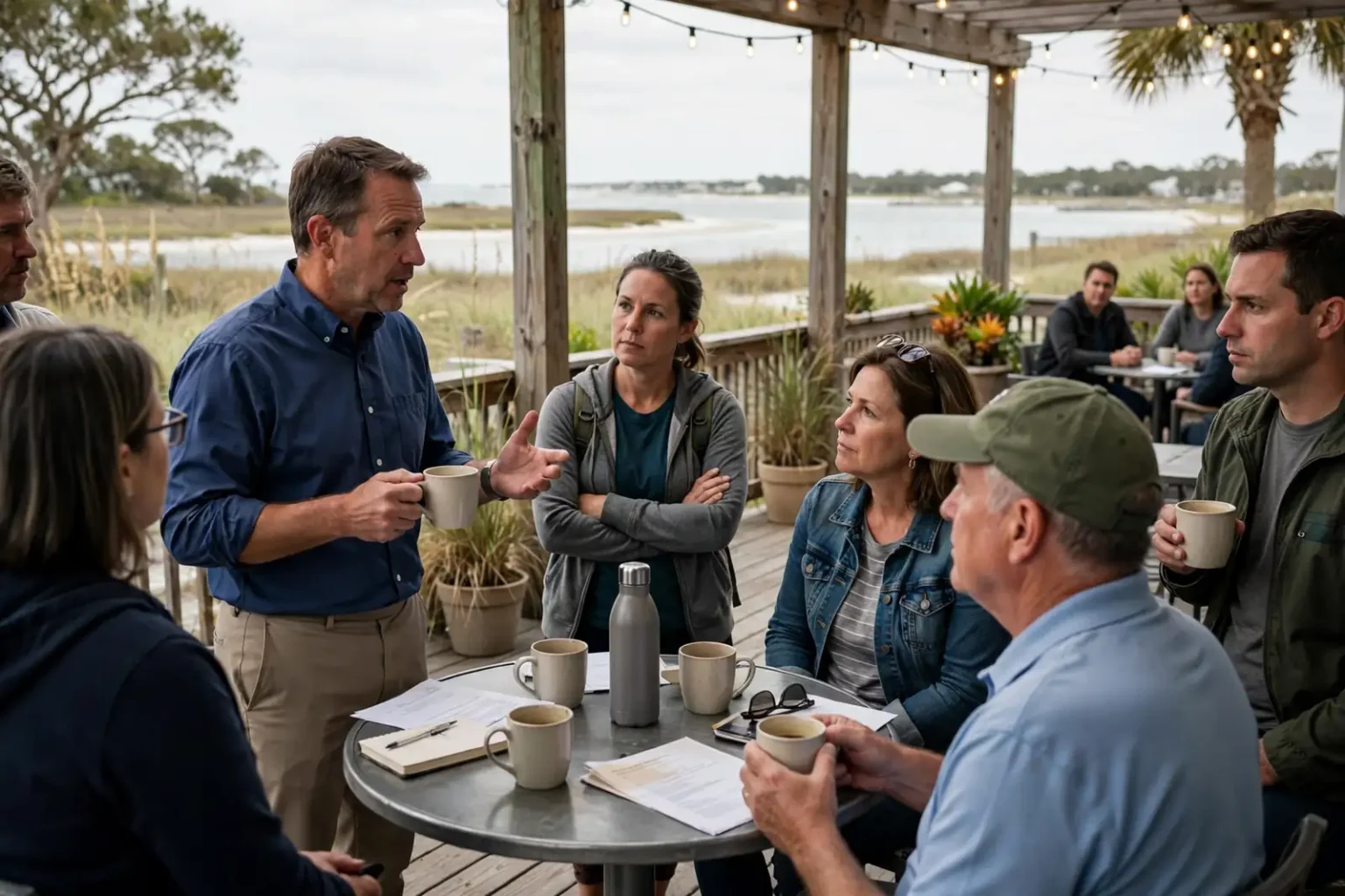 Residents gathered on an outdoor coffee shop deck listening to city officials