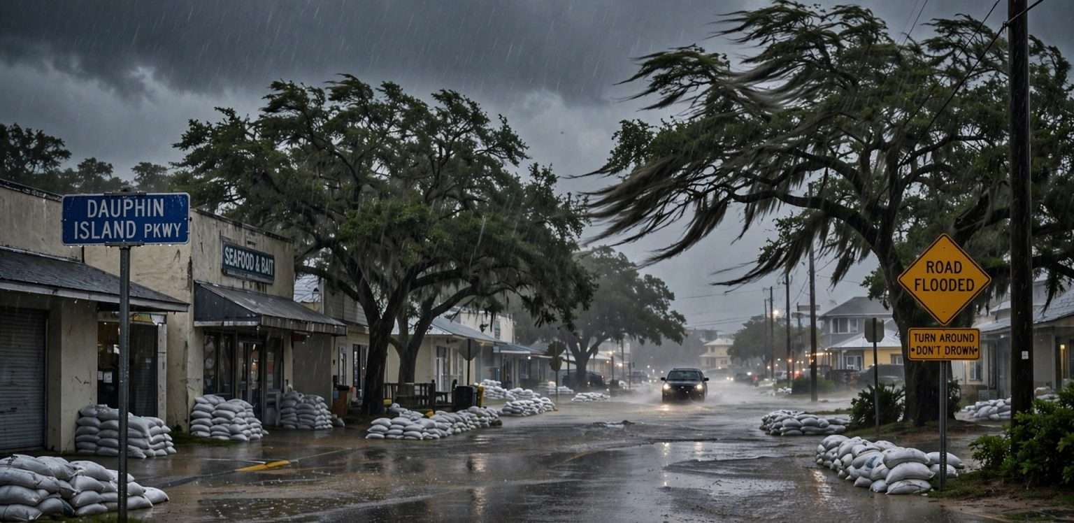 Rain-soaked coastal Alabama street lined with sandbags and a Road Flooded sign as wind bends live oak trees