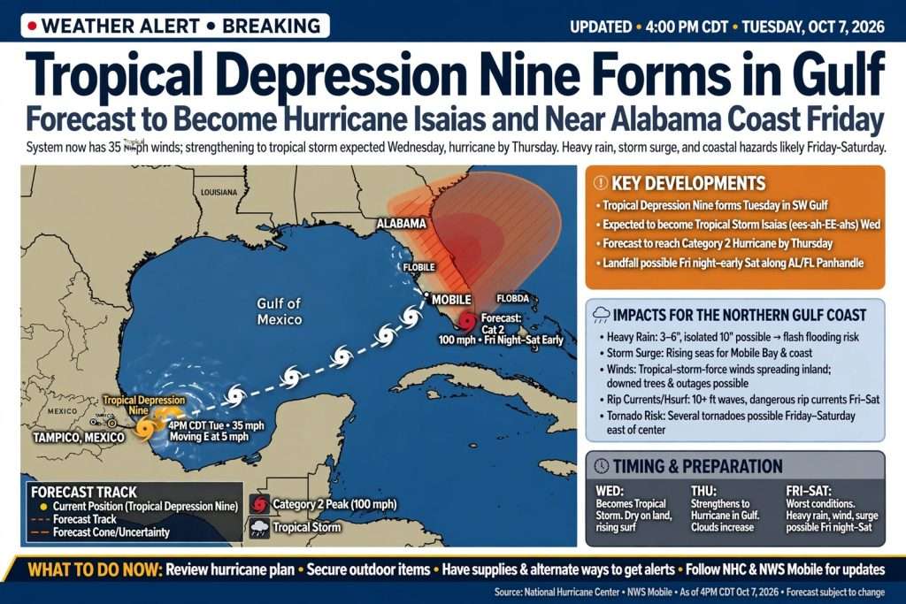 Illustration for the news story: Tropical Depression Nine Forms in Gulf, Forecast to Become Hurricane Isaias and Near Alabama Coast Friday