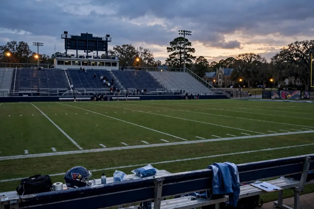 A high school quarterback stands on the sideline holding his helmet during a night game