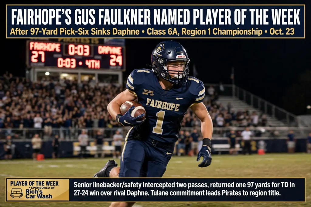 Gus Faulkner Player of the Week – Fairhope’s Gus Faulkner Named Player of the Week After 97-Yard Pick-Six Sinks Daphne