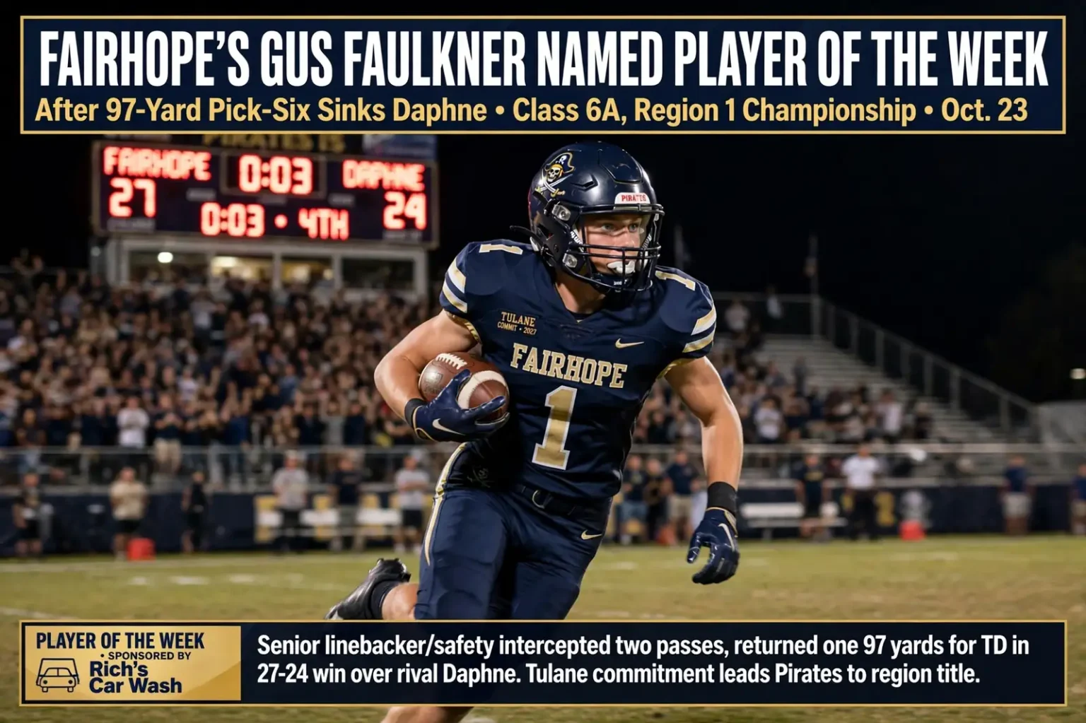 Gus Faulkner Player of the Week – Fairhope’s Gus Faulkner Named Player of the Week After 97-Yard Pick-Six Sinks Daphne