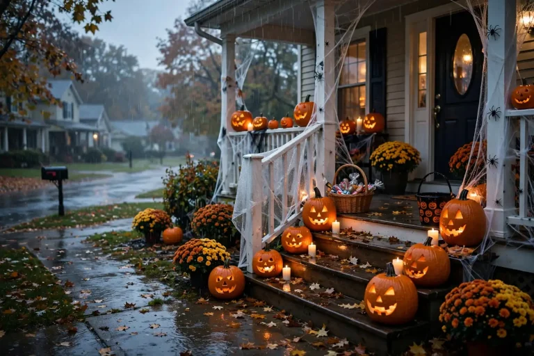 Children in bright costumes and rain ponchos trick-or-treating on a wet neighborhood street at dusk under cloudy skies