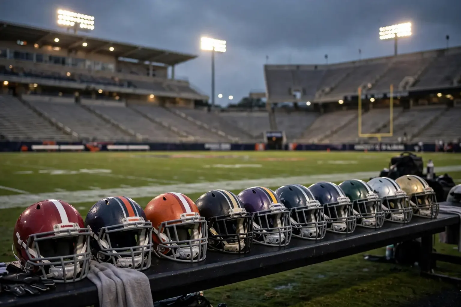 An empty college football stadium with a green field and lit stands at dusk