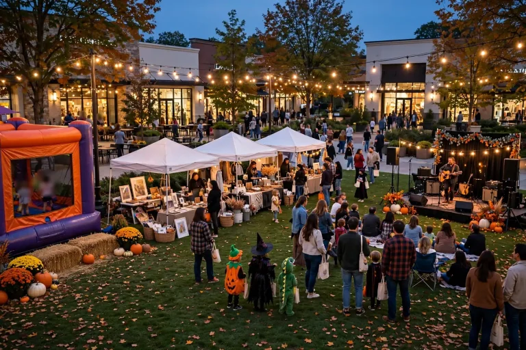 Families in Halloween costumes gathering on an outdoor lawn at a shopping center with a small stage and vendor tents