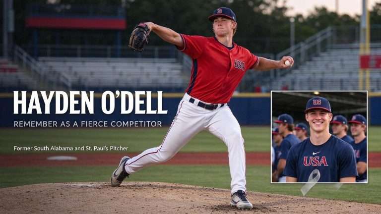 Illustration for the news story: Hayden O’Dell, Former South Alabama and St. Paul’s Pitcher, Remembered as ‘Fierce Competitor’