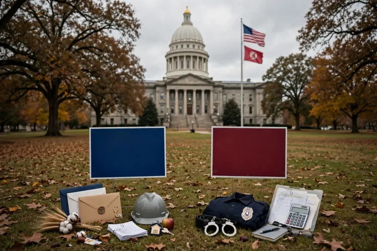 The Alabama State Capitol behind two blank campaign signs, with items representing farming, education, medicine and law enforcement arranged on the lawn