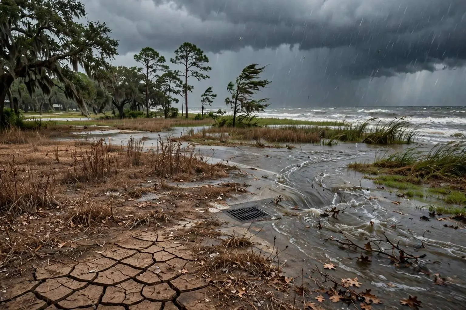 Heavy rain falling on a wet coastal street with puddles and gray storm clouds over palm trees